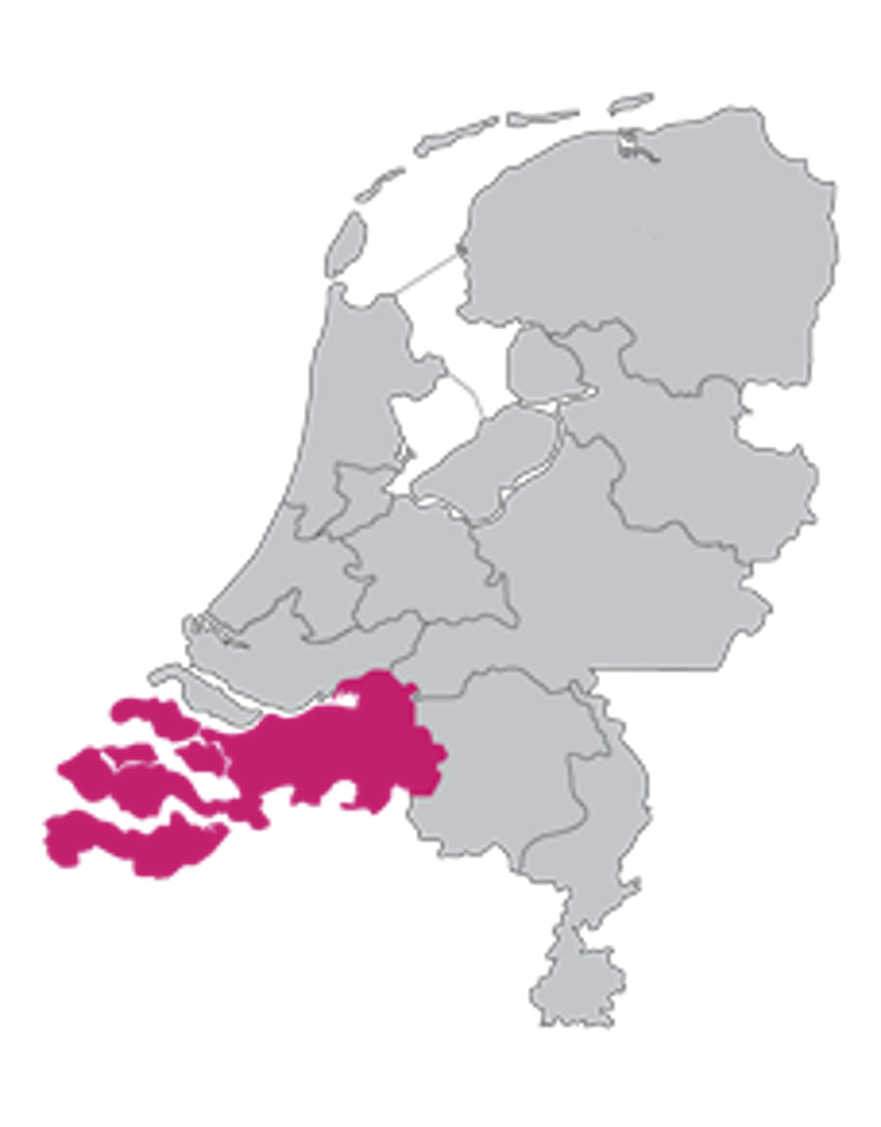 Kaart van Nederland met werkgebied van rechtbank Zeeland-West-Brabant